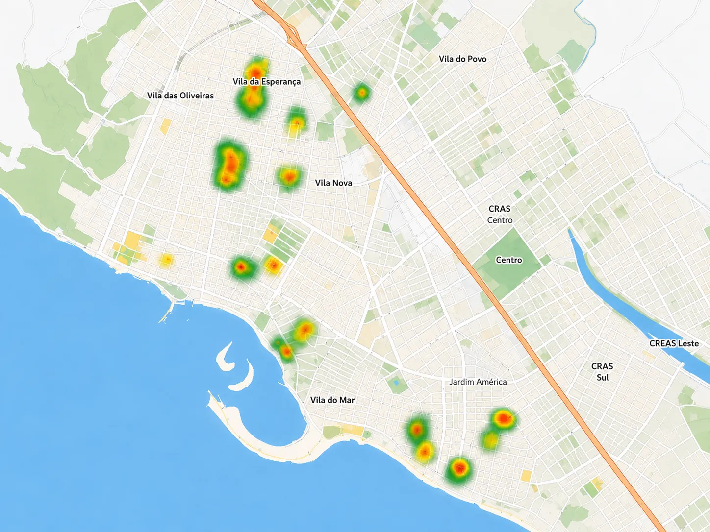 Exemplo de demonstração do Painel de Georreferenciamento: mapa de calor de cadastros desatualizados do CadÚnico por bairro, com unidades CRAS e CREAS. Bairros e números são fictícios.