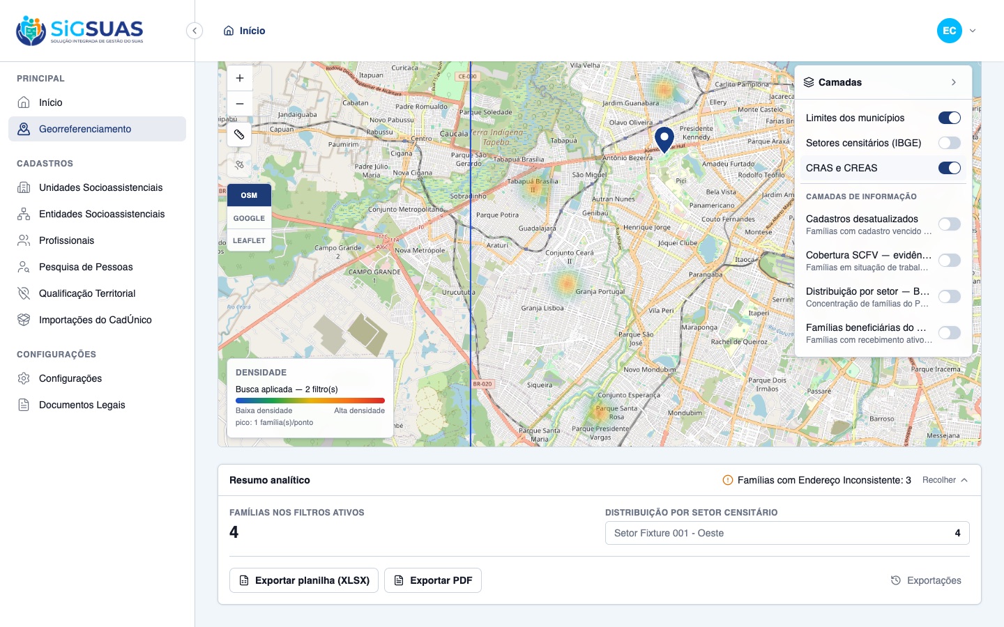 Painel de Georreferenciamento do SigSUAS com camadas de CRAS e CREAS ativas, mapa de calor por densidade de famílias em Fortaleza e resumo analítico com exportação em planilha e PDF