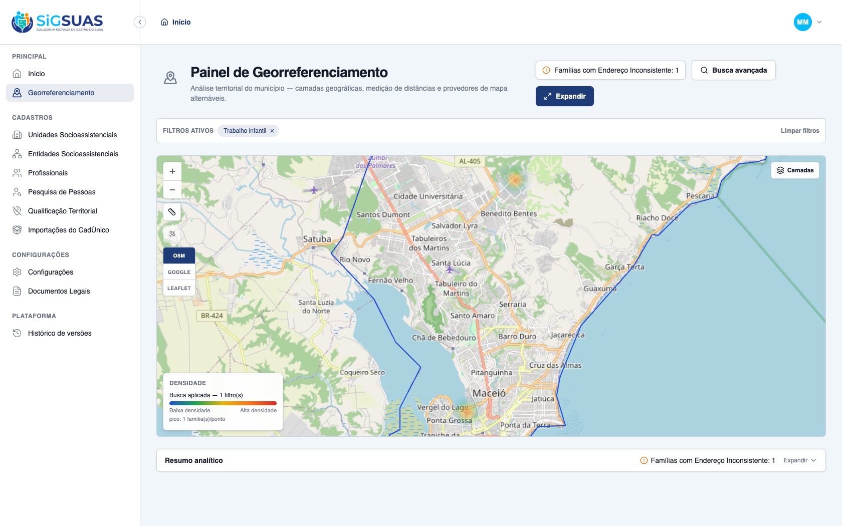 Painel de Georreferenciamento do SigSUAS com filtro de trabalho infantil ativo e mapa de calor por setor censitário